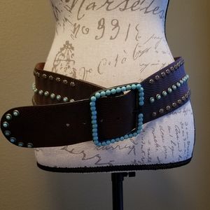 L & B brown belt with turquoise embellishment.